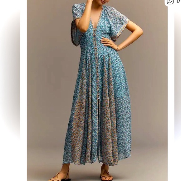 Anthropologie Dresses & Skirts - Maeve for Anthropologie Blue Floral boho button front detail Maxi Dress New